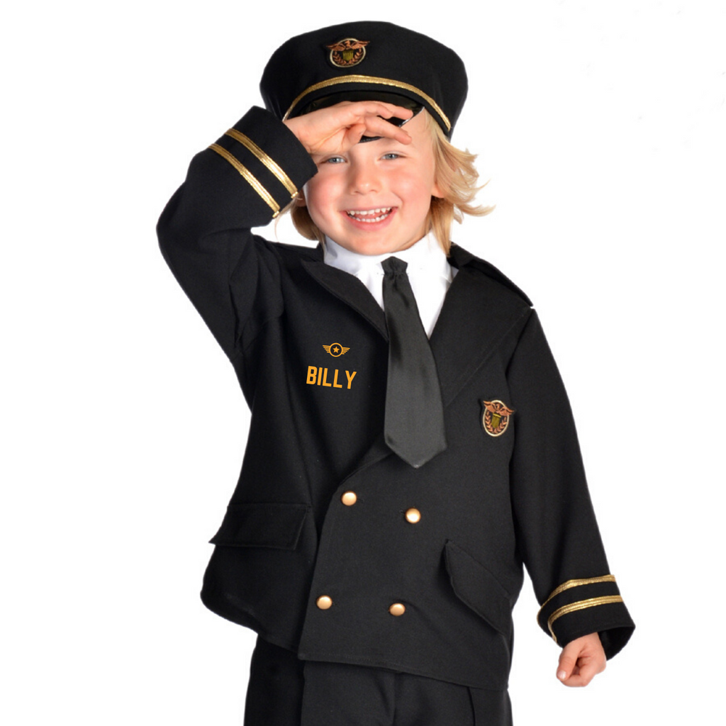 Child's Pilot costume including jacket, mock shirt and tie, trousers and hat.