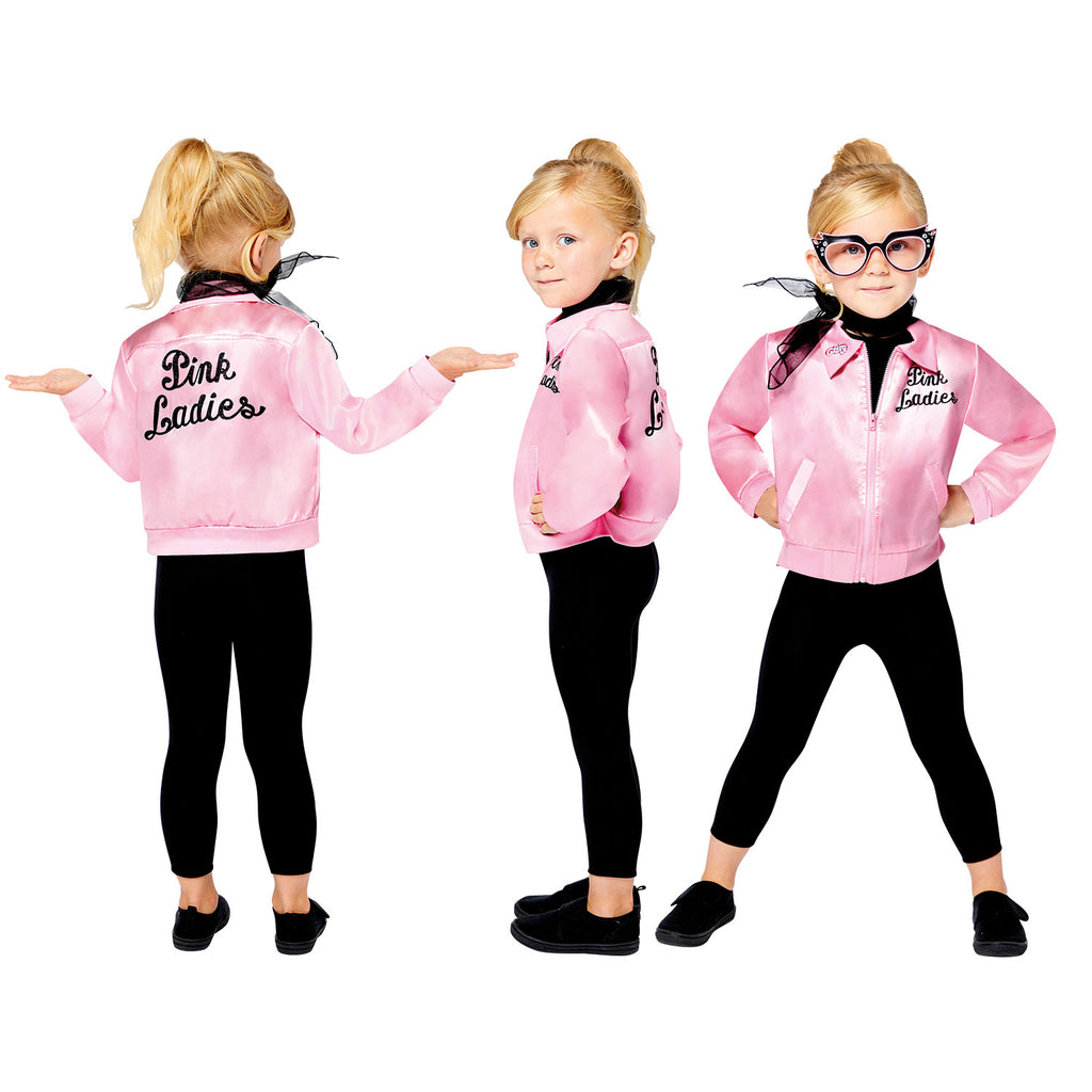 Child's Grease Pink Lady costume. Pink bomber jacket, black leggings and necktie