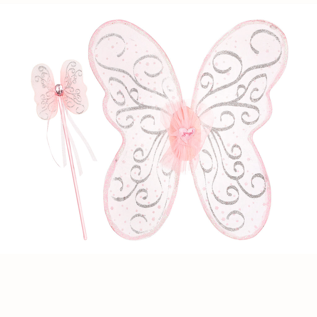 Childs fairy wings and wand set in pink with glitter design.