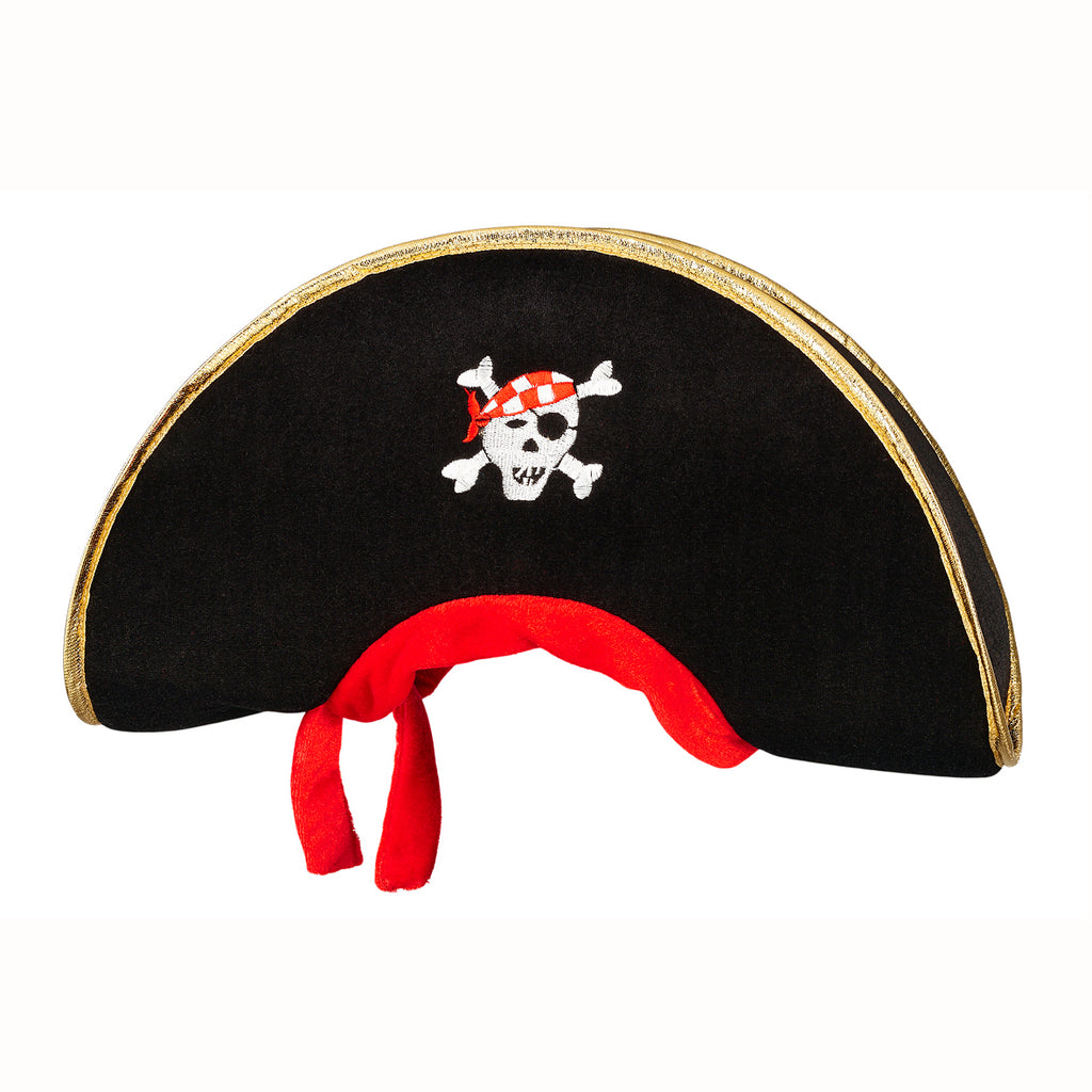 Child's black velvet pirate hat with red bandans and embroidered skull and crossbones
