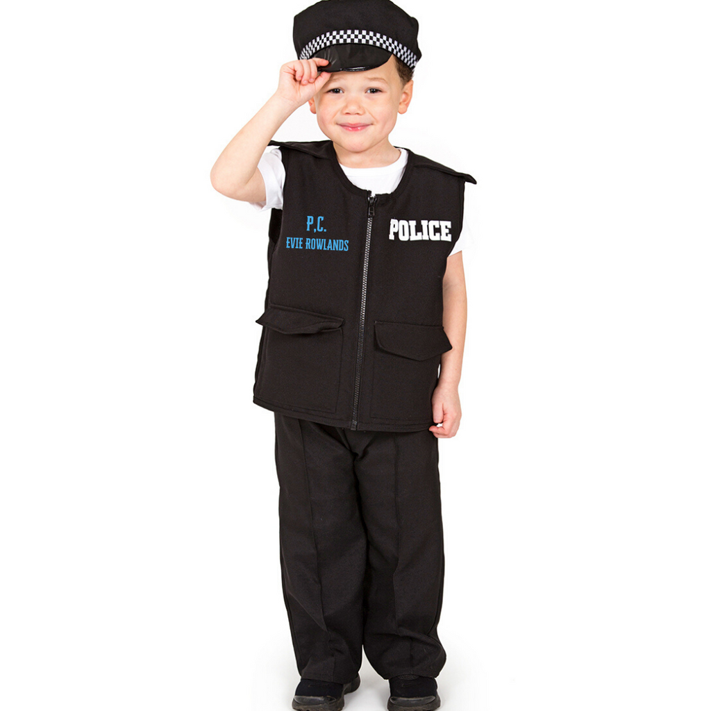 Child's Three piece police officer costume. Padded jacket, trousers and hat. Personalised with child's name