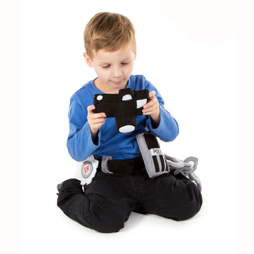 Child's set of five felt police soft accessories. Set includes handcuffs, radio, belt, camera and badge