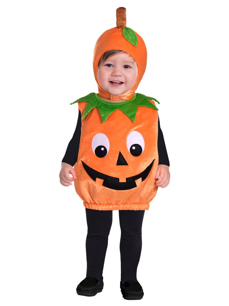 Toddler's padded orange tabard with pumpkin design and matching hood