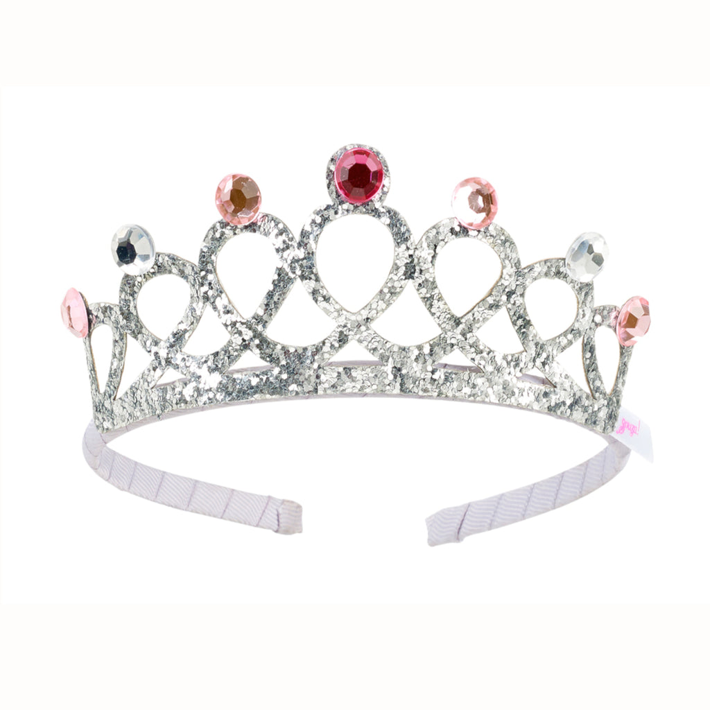 Child's silver tiara covered in silver glitter and sparkly jewels 