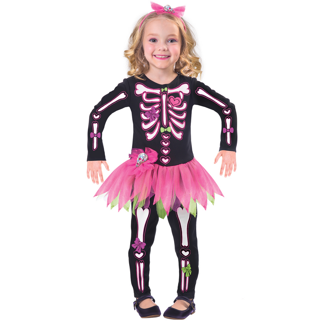 Child's Halloween dress with pink skeleton print and tutu skirt. Fancy Bones