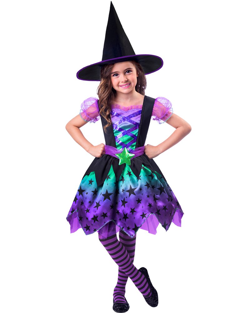 Child's witch dress in black, purple and green. Comes with matching black witches hat