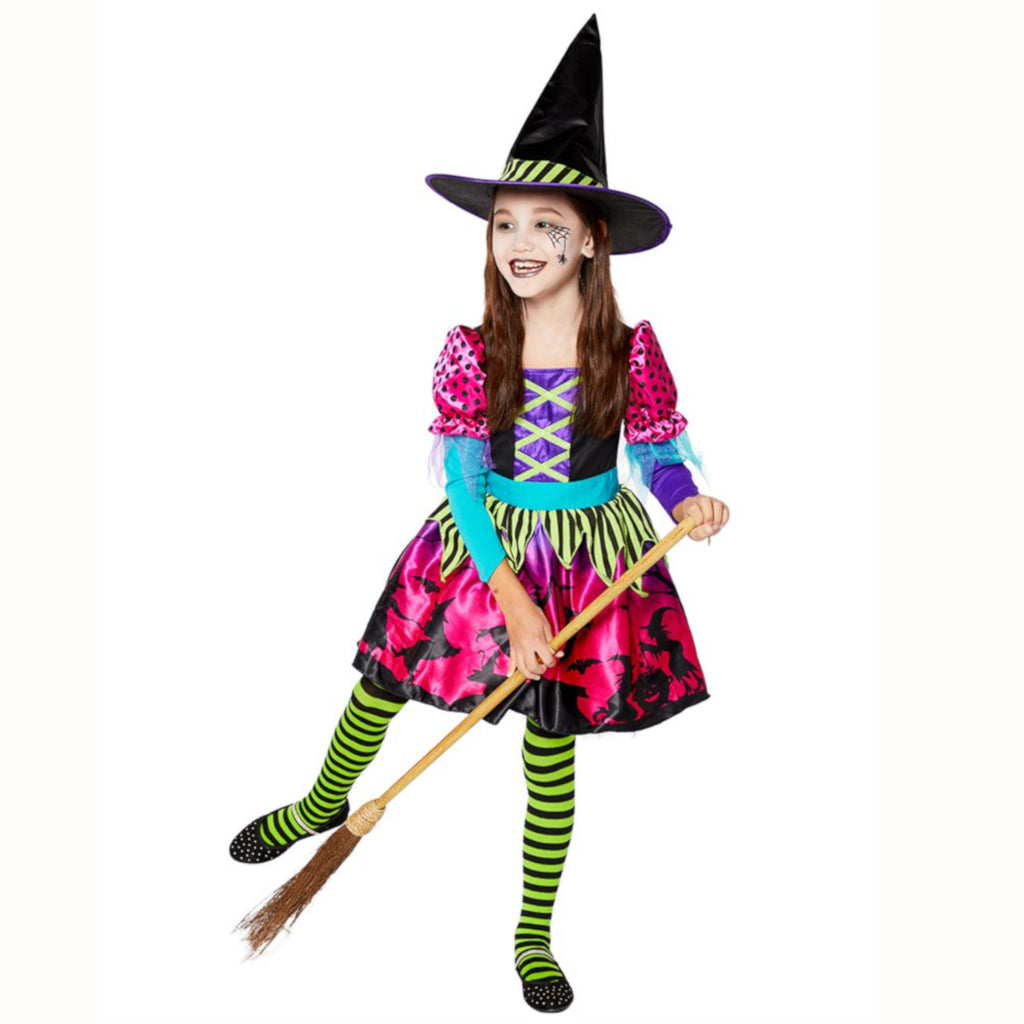 Child's colourful witch costume with stripy tights and wicthes hat