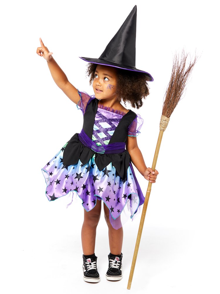 Toddler witch costume in purple and black. Comes with black witches hat.