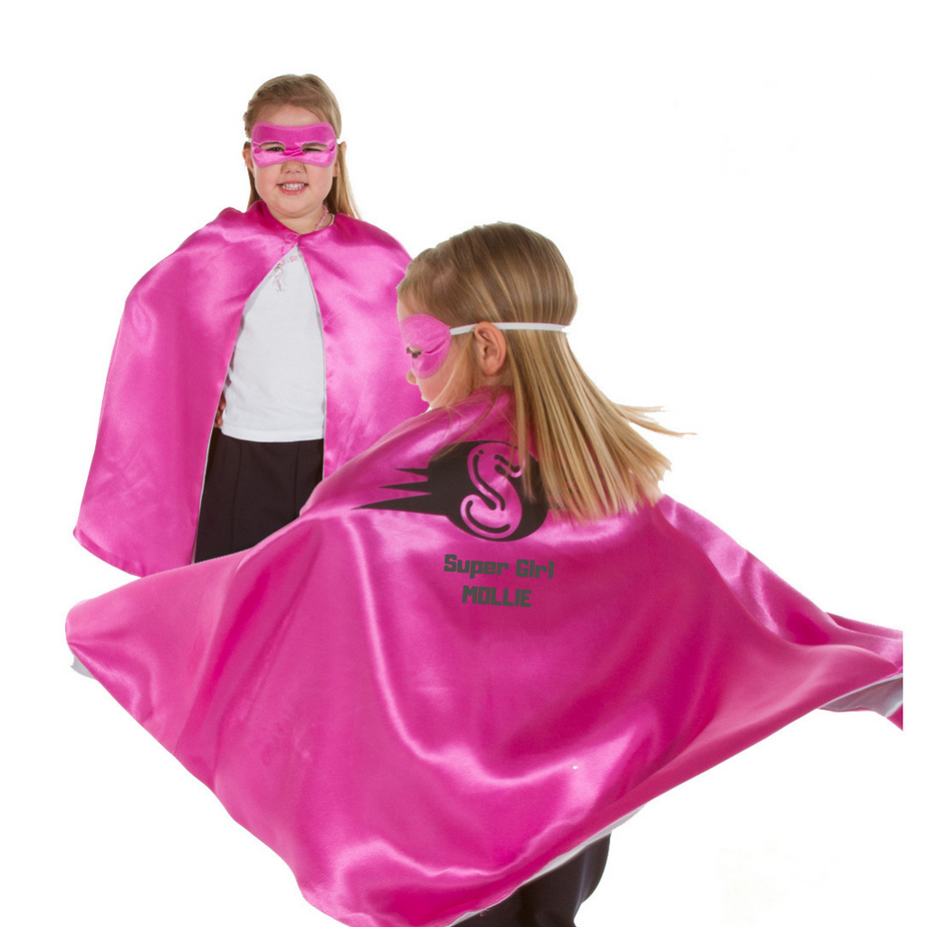 Child's Superhero cape and mask. Reversible pink cape with silver lining which can be personalised with child's name or initial