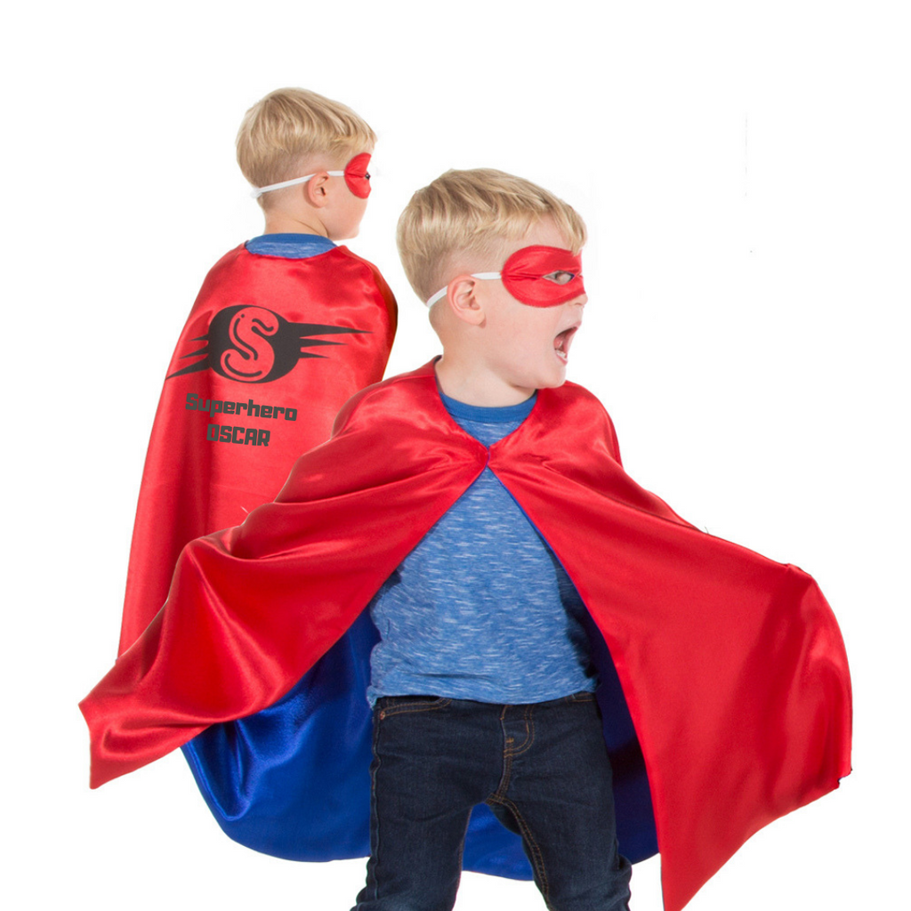 Child's superhero cape and mask. Reversible cape in red and blue.