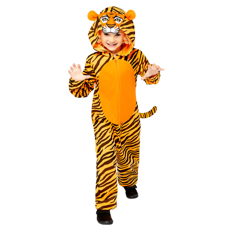 Child's tiger one piece costume in stripy orange and black fabric with character hood and tail.