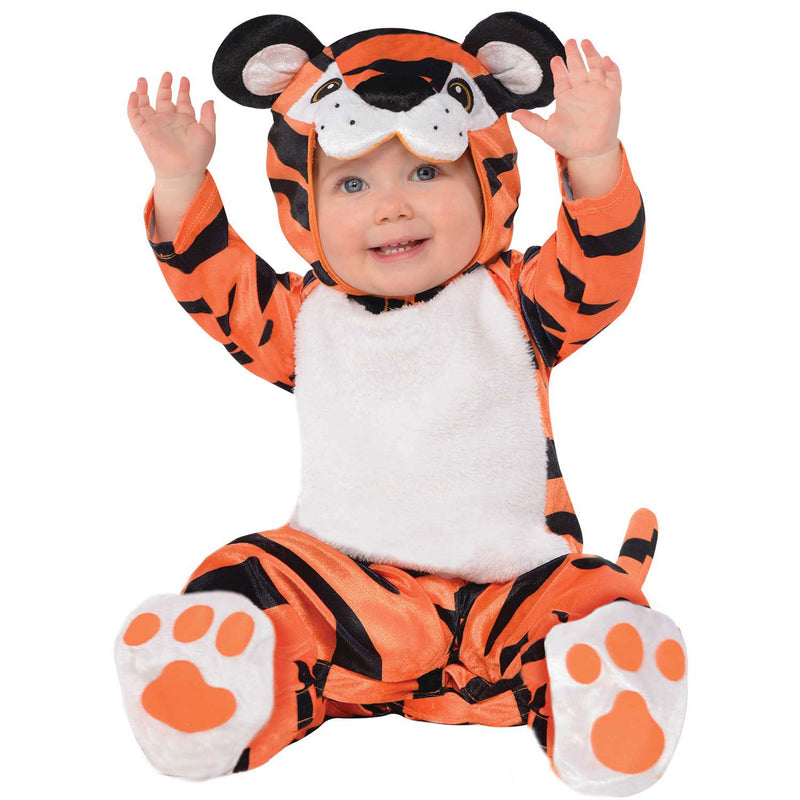 Baby and Toddler Tiger costume - Bodysuit with black and orange stripes and tiger hood and tail - Time To Dress Up