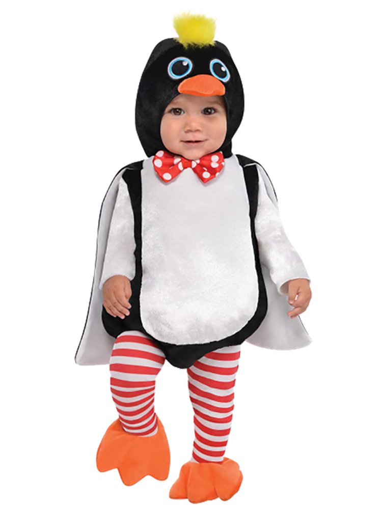 Baby and Toddler Penguin Costume - Onesie with feature hood, attached cape and stripy tights