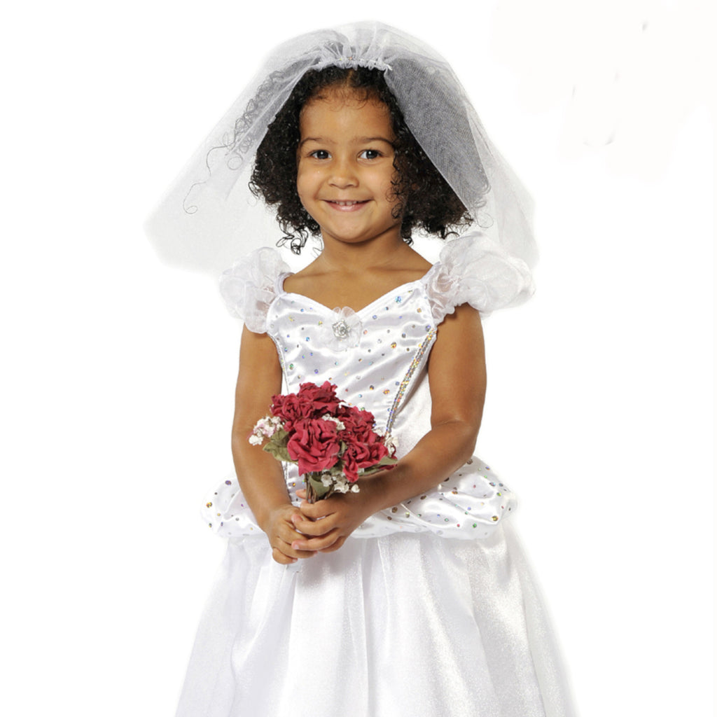 Child's white full length wedding dress. Sparkly bodice with puffed sleeves, a long flowing skirt and a matching veil.