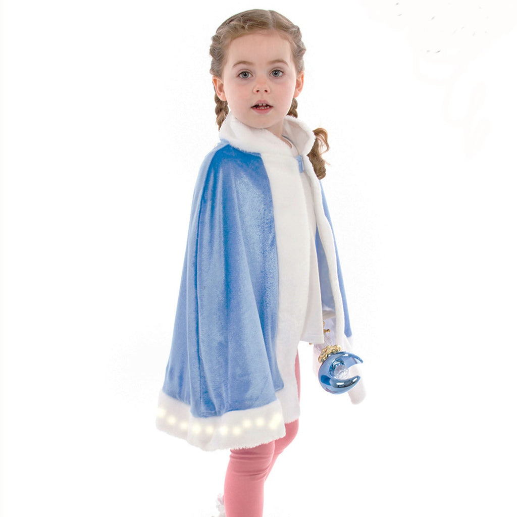 Child's blue velour cape with faux fur trim and LED lights around the hem