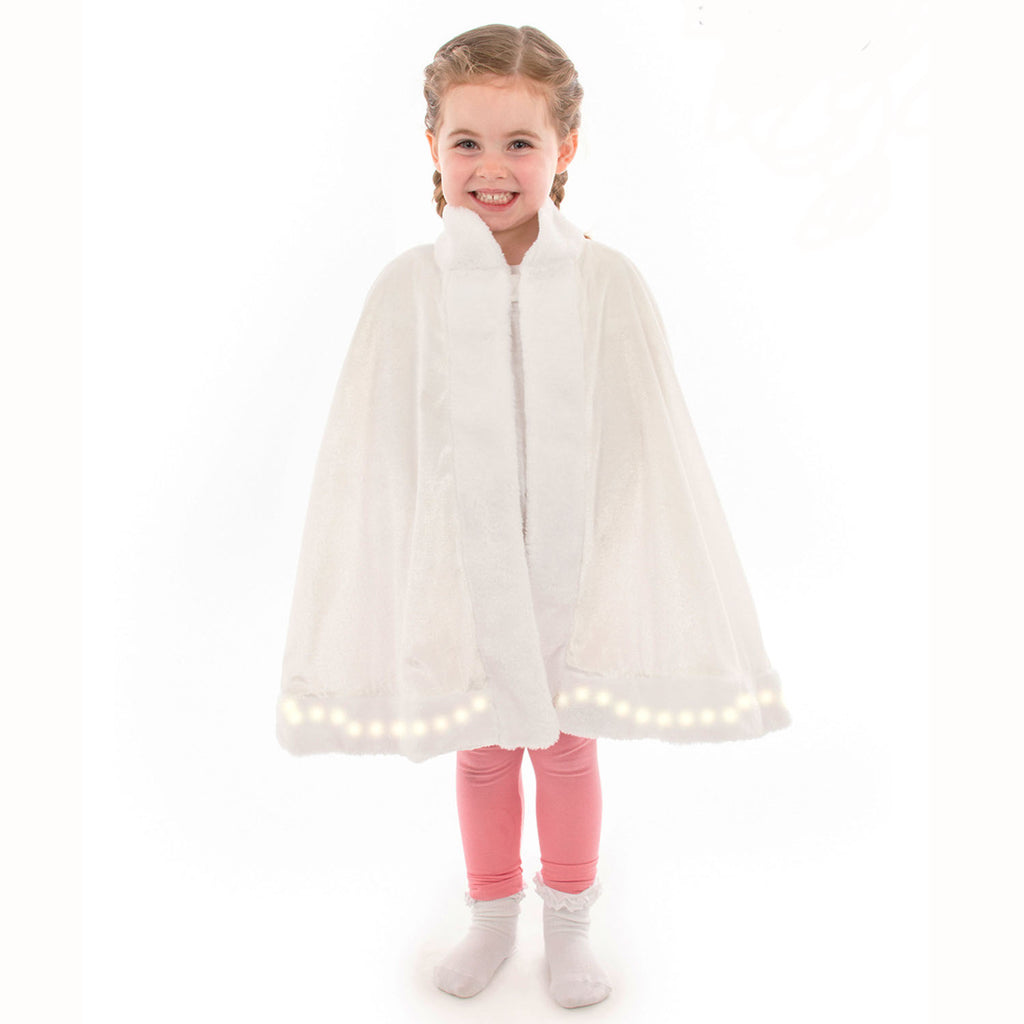Child's ivory velour cape with faux fur trim and LED lights around the hem