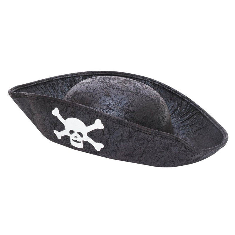 Child's rigid black pirate hat with skull and crossbones