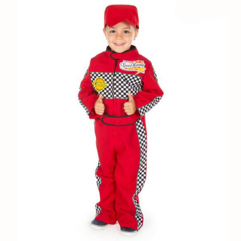 Child's all - in -one red racing driver suit with chequerboard panels and printed racing badges. Comes with a matching peaked hat.