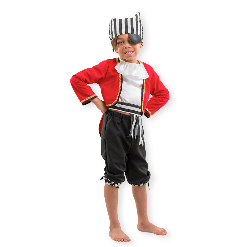 Child's Pirate costume with red waistcoat, white undershirt, black three quarter lengthe trousers, headscarf and eye patch.