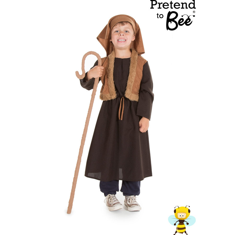 Child's Shepherd costume. Brown long robe with faux fur trimmed waistcoat and headdress