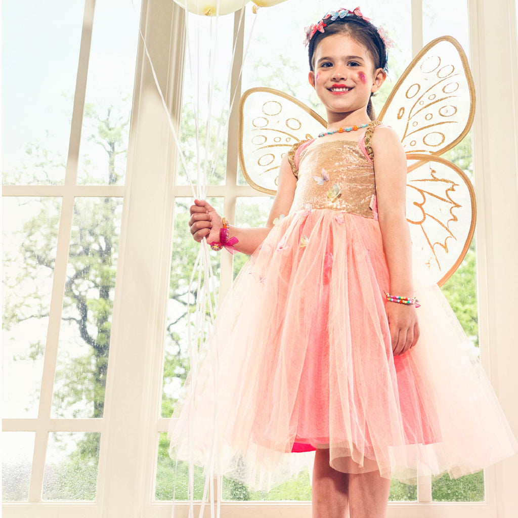 Child's peach fairy dress with attached fabric butterflies,  gold sequinned bodice and matching gold glitter wings