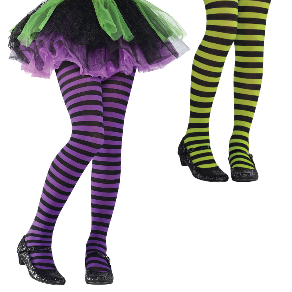 Toddler and Children's stripy tights. Available in purple and black or green and black