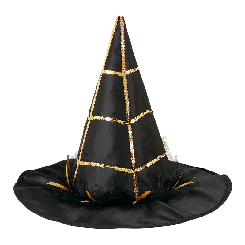 Child's witch hat with spiderweb pattern in gold sequins