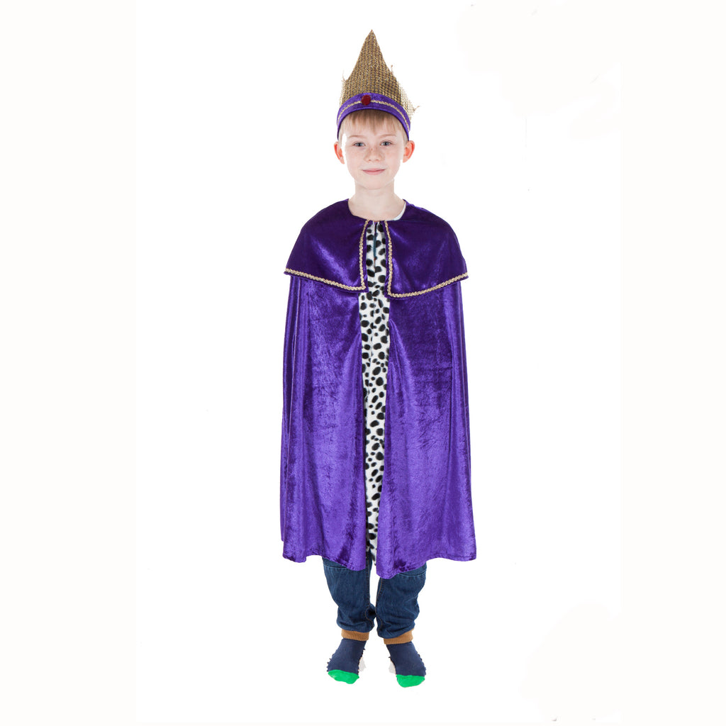 Childs long purple velour cloak which is trimmed with faux fur. Comes with matching gold crown.