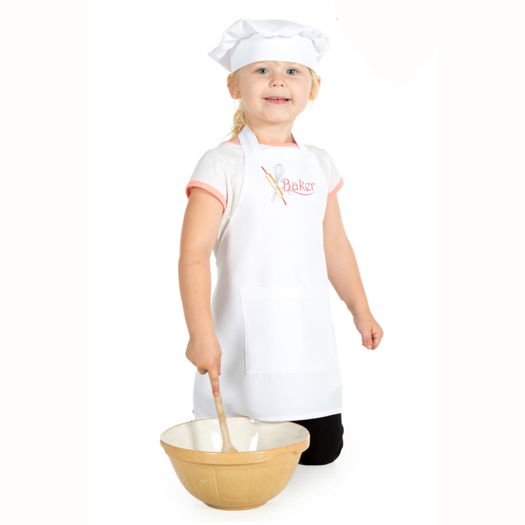 Child's white chefs apron with matching tall hat