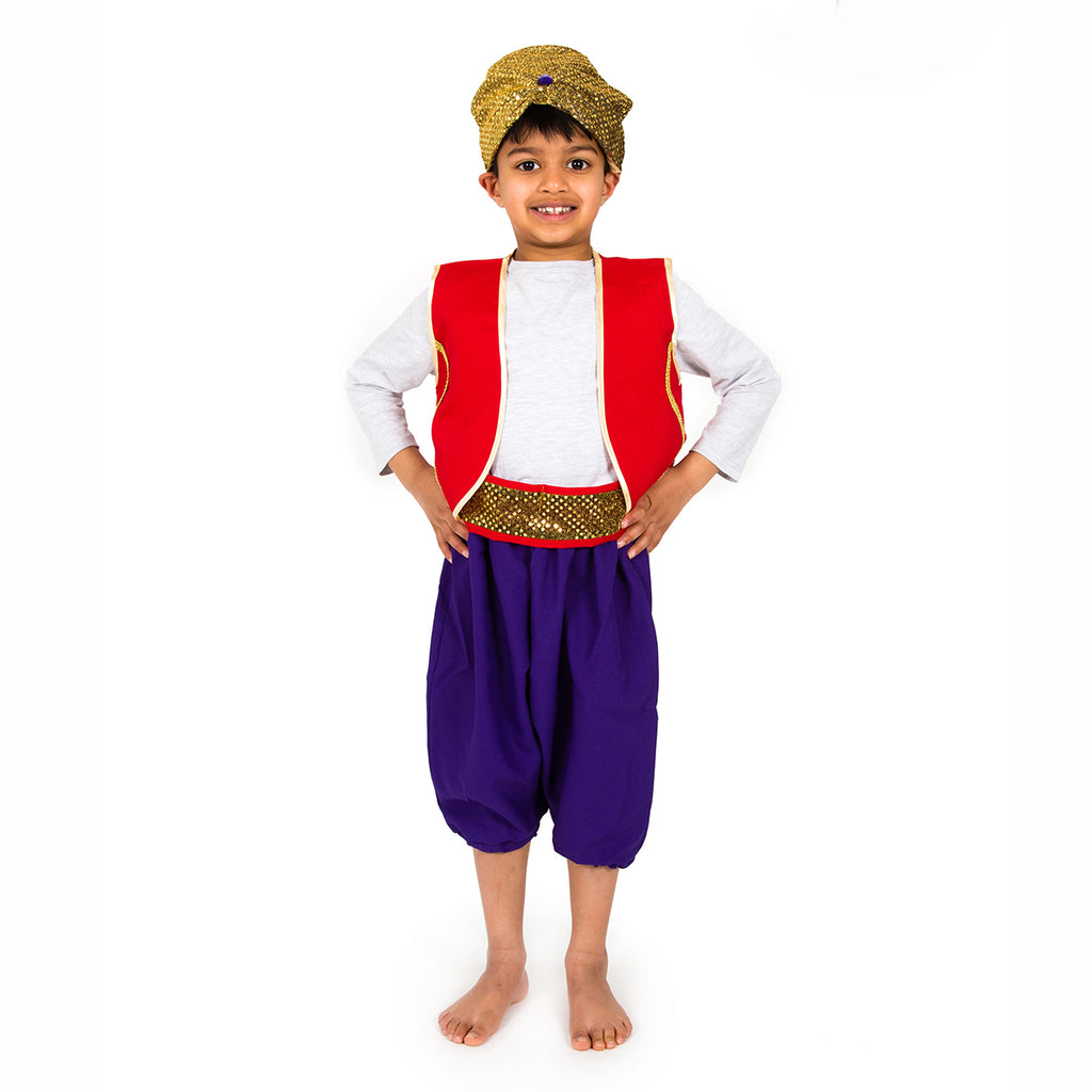Child's Arabian Prince costume comprising gold turban, red waistcoat and purple harem trousers