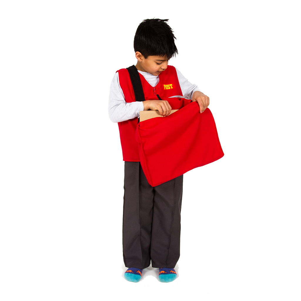 Child's Postal worker costume including a red tabard, black trousers and a large red postbag