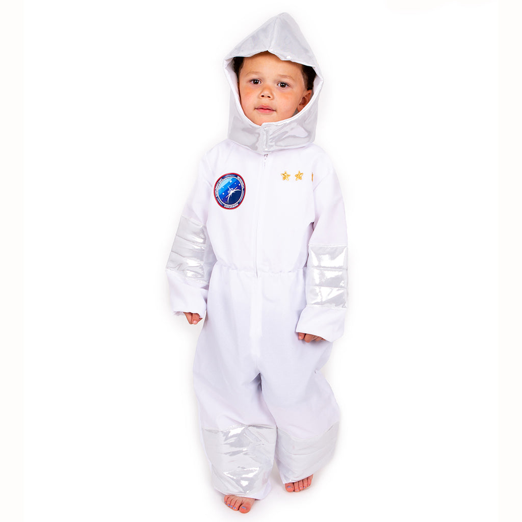 Child's white and silver padded astronaut suit with matching hood and space themed badges