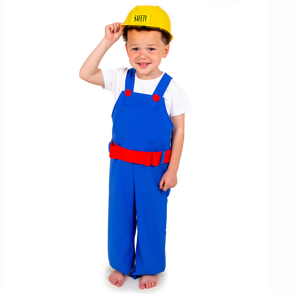 Child's Builder outfit, comprises blue overalls with red tool belt and yellow hard hat