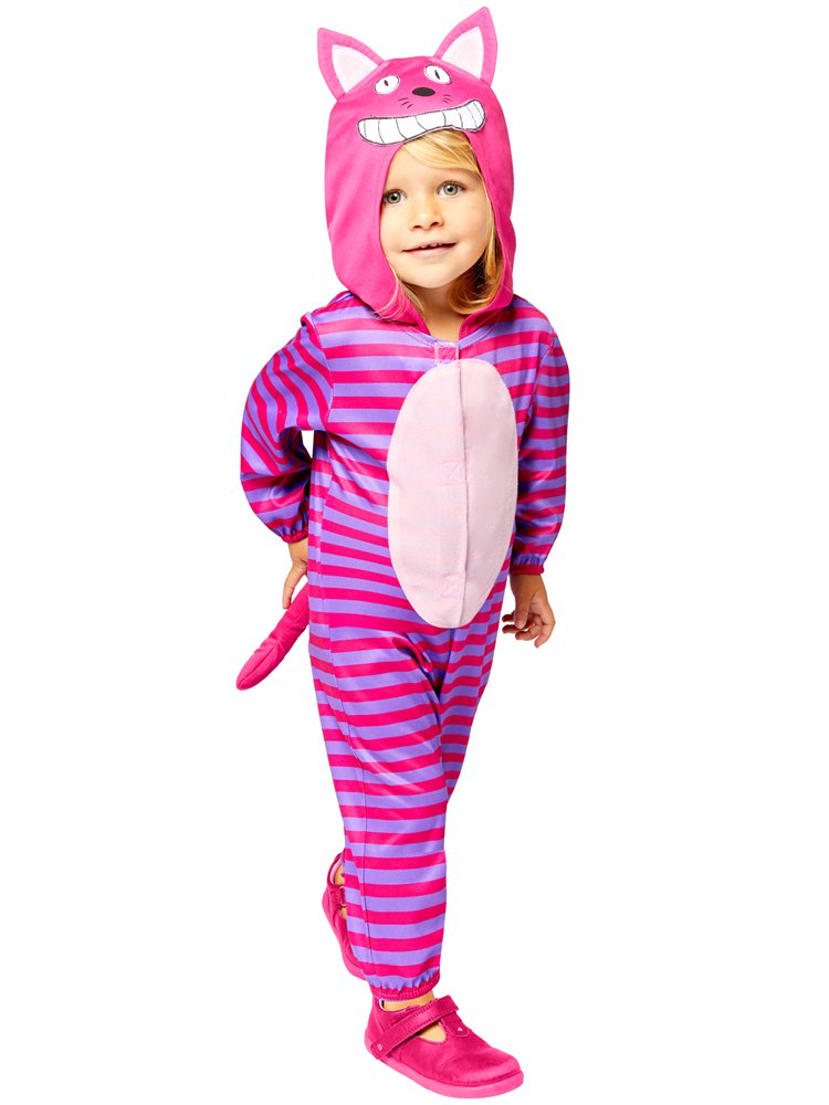 Pink and purple striped Cheshire Cat bodysuit with character hood for babies and toddlers