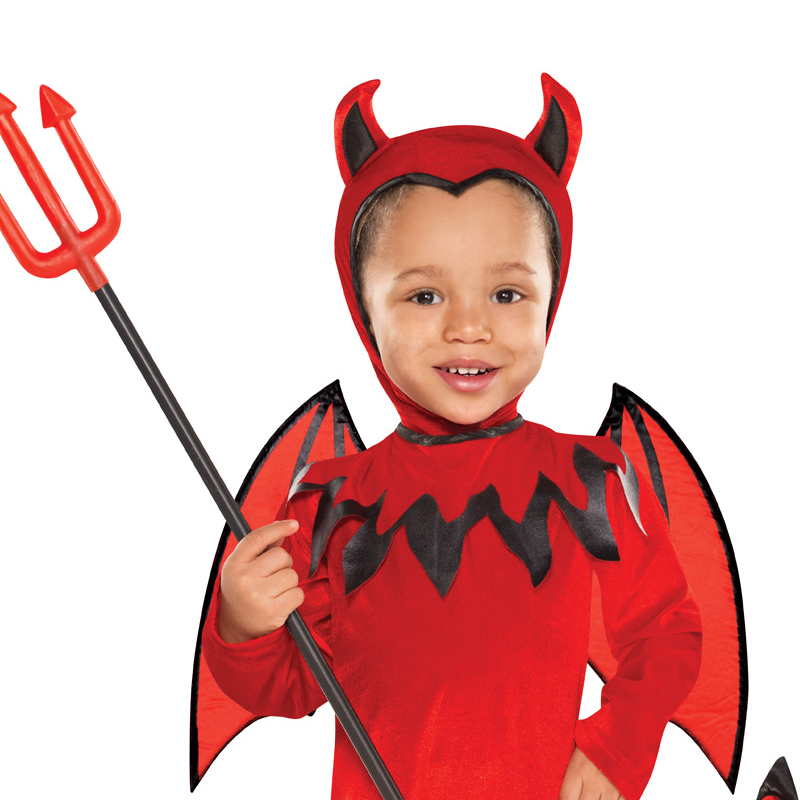 Child's red devil Halloween Costume. Comprises bodysuit, hood, wings and tail. 