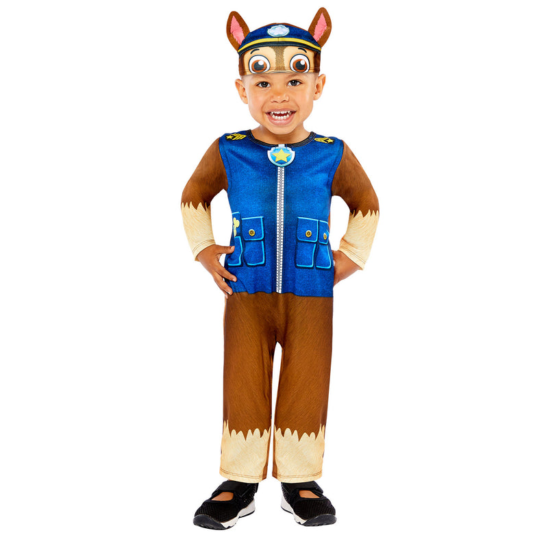 Toddler Paw Patrol Chase costume. Printed jumpsuit with matching hat