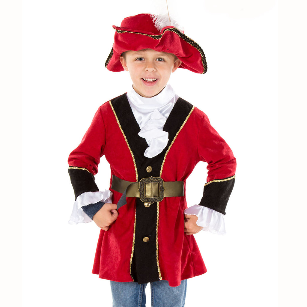 Child's three piece Pirate Captain costume with red jacket, trousers and red tricorn hat