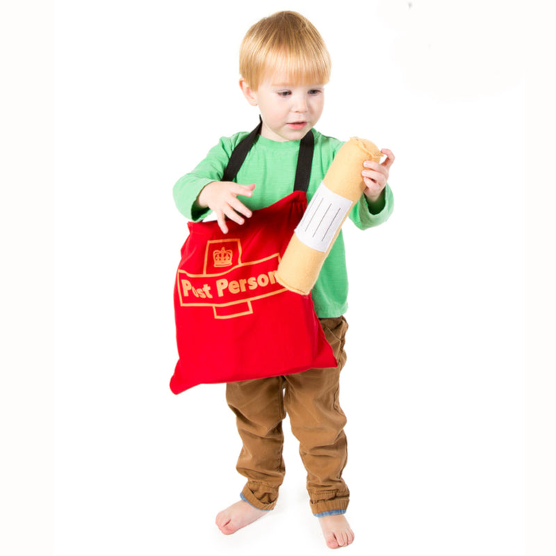 Child's postal accessories set. Comprises a red fabric bag with assorted felt parcels