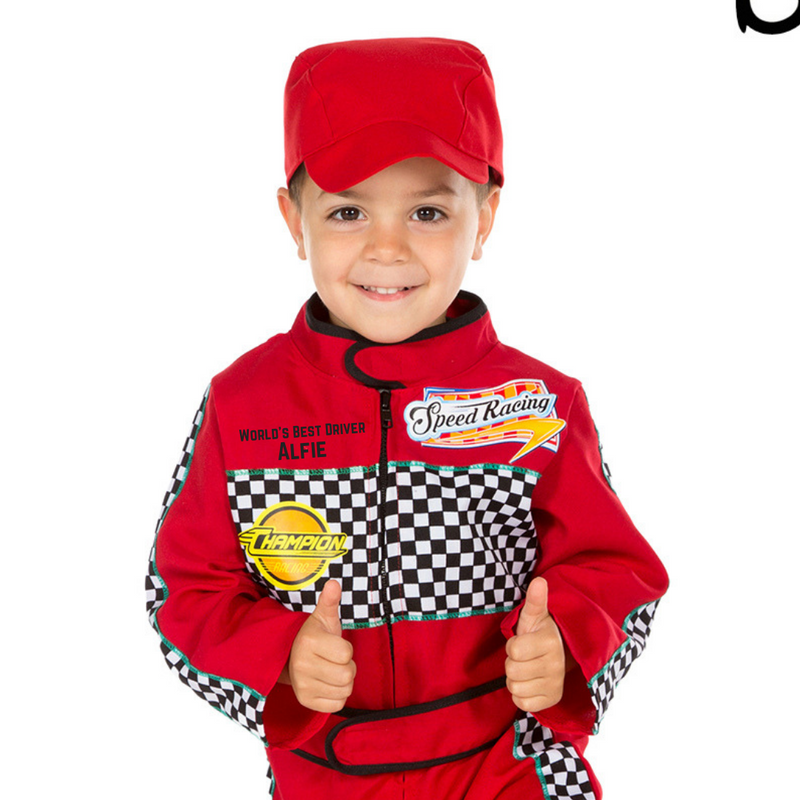 Child's red racing driver all in one suit with matching hat. Personalised with child's name