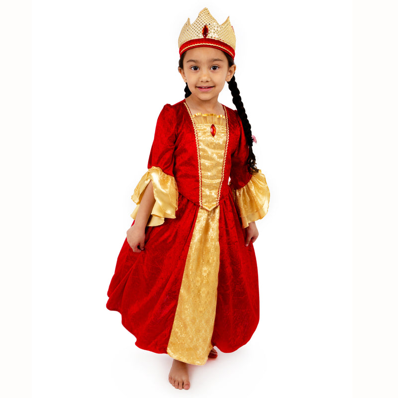 Child's queen costume. Full length dress in red and gold satin with matching fabric crown.