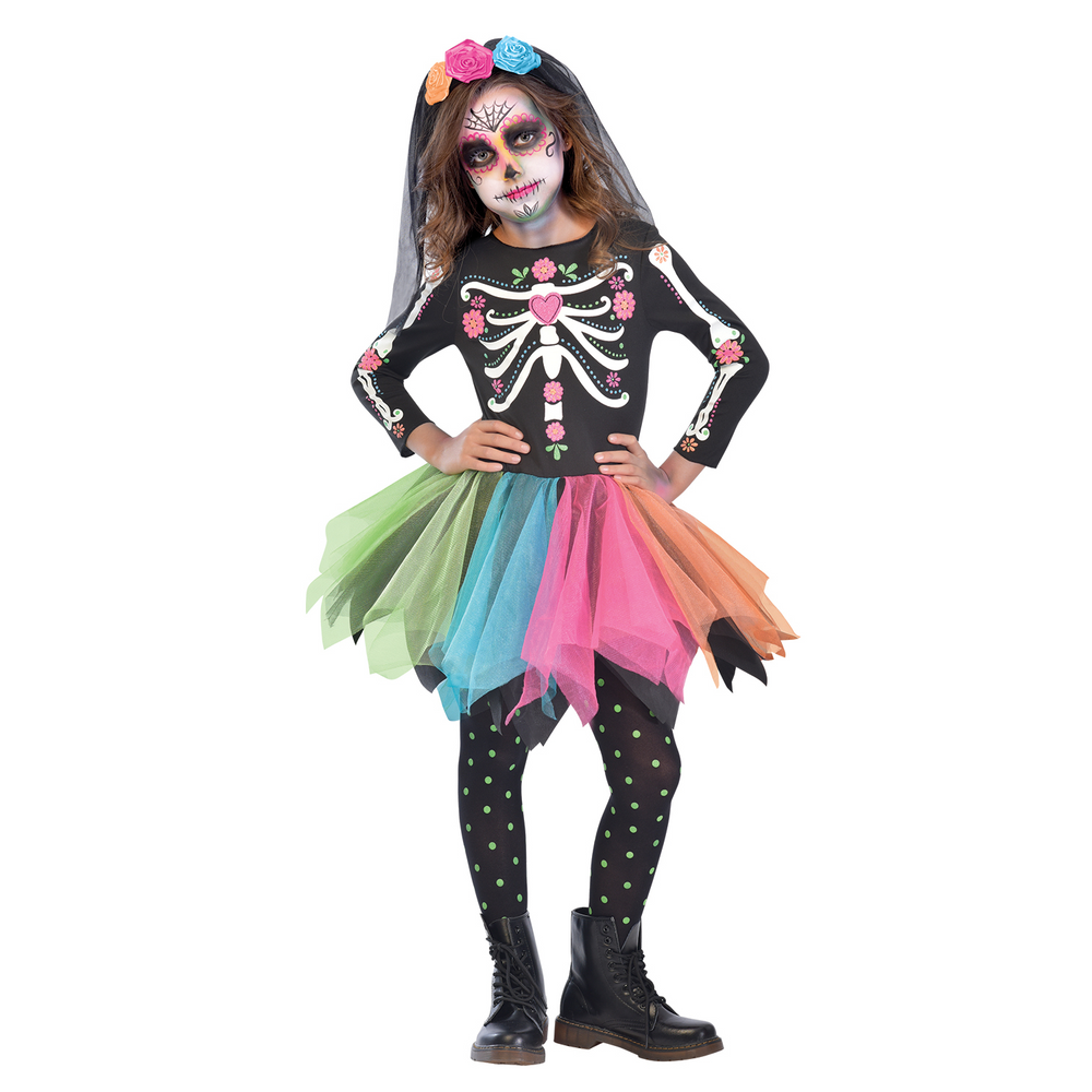Kids rainbow sugar skull costume cheap