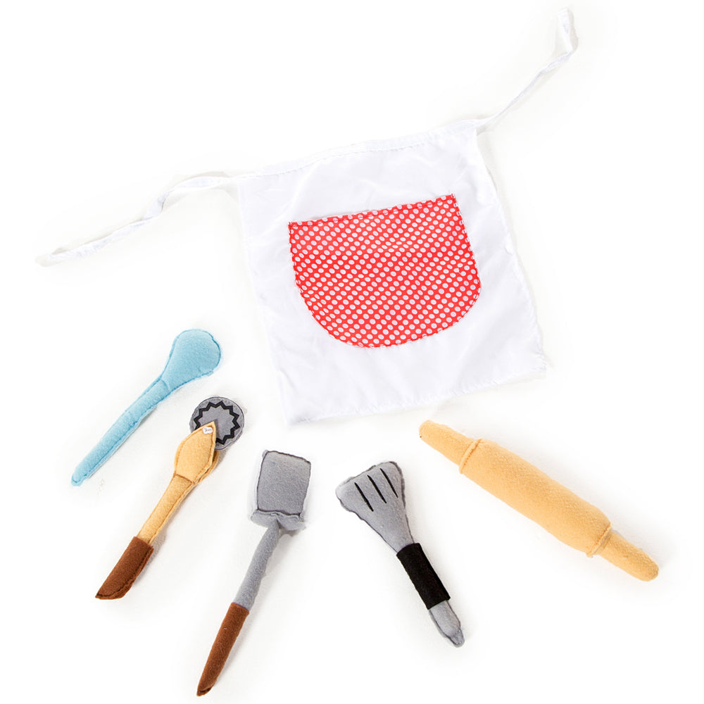 Child's chef soft accessories role play set. Includes rolling pin, spatula, cutter, spoon, mallet and apron 
